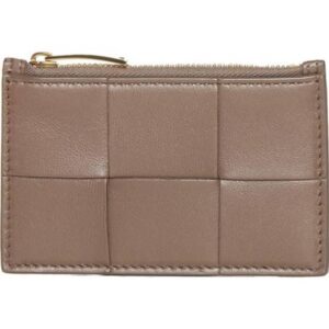 Bottega Veneta Intrecciato Zipper Card Wallet Taupe Grey