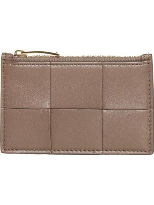 Bottega Veneta Intrecciato Zipper Card Wallet Taupe Grey