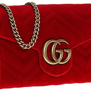 (WMNS) GUCCI GG Marmont Gold Logo Distress Velvet Chain Shoulder Messenger Bag Mini Red 474575-9QIDT-6433