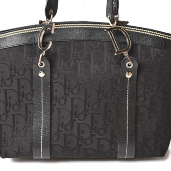 CHRISTIAN DIOR Tote Bag Embroidered Trotter Flower Embroidery Black
