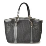 CHRISTIAN DIOR Tote Bag Embroidered Trotter Flower Embroidery Black