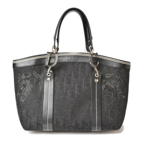 CHRISTIAN DIOR Tote Bag Embroidered Trotter Flower Embroidery Black