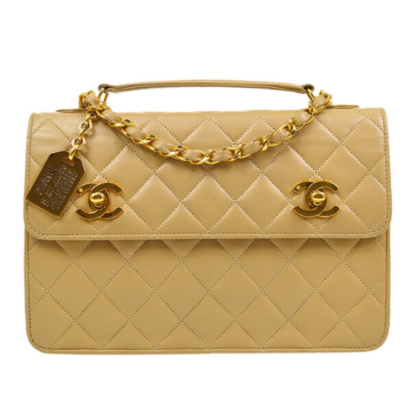 CHANEL 1989-1991 Double Turnlock Handbag Beige Lambskin