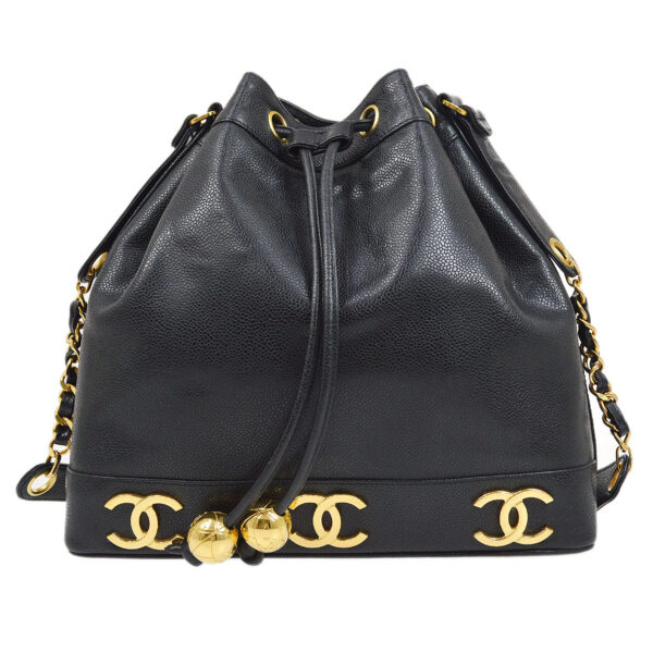 CHANEL 1990s Triple CC Drawstring Bag Black Caviar