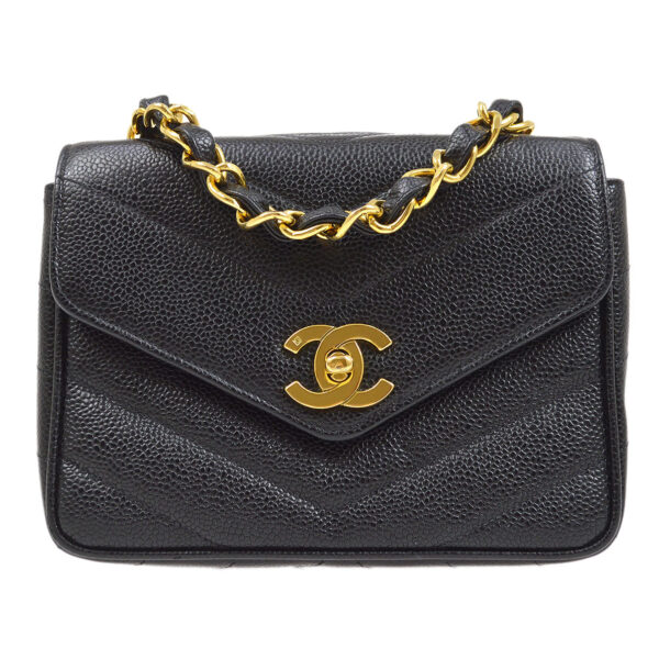 CHANEL 1994-1996 Chevron Letter Flap Mini Black Caviar