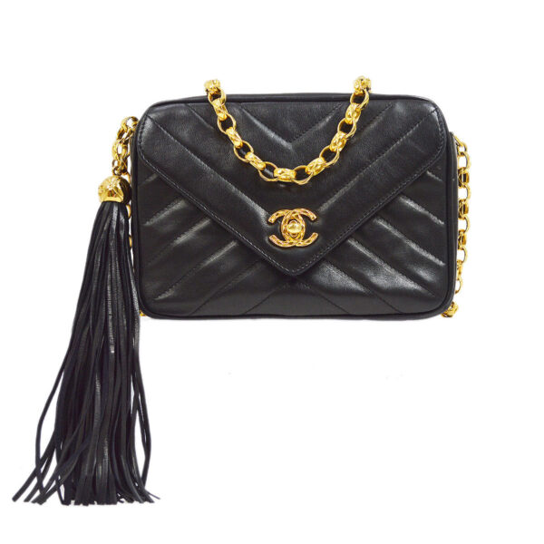 CHANEL 1991-1994 Chevron Pocket Camera Bag Mini Black Lambskin