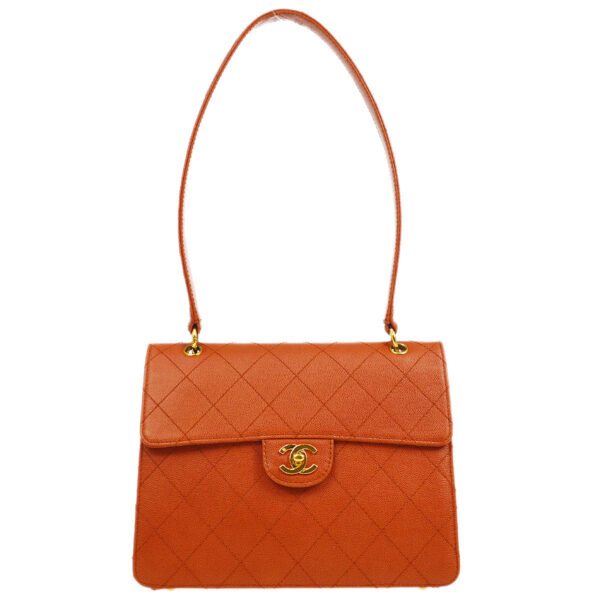 CHANEL 1997-1999 Sellier Flap Shoulder Bag Medium Orange Caviar