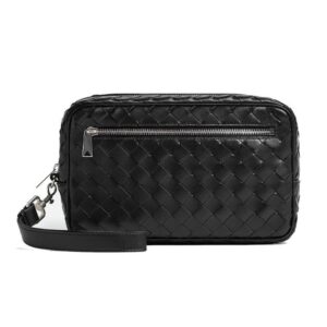 Bottega Veneta Intrecciato Zipper Leather Pouch Bag Black