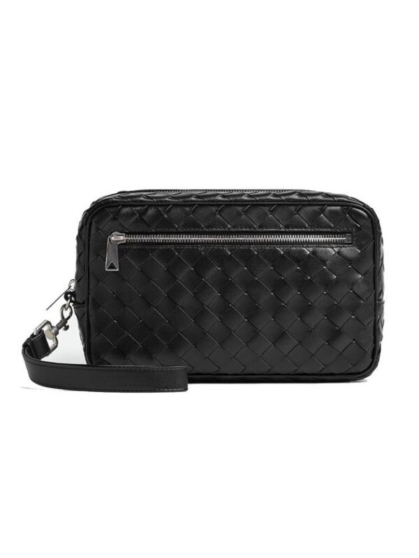 Bottega Veneta Intrecciato Zipper Leather Pouch Bag Black