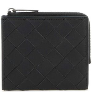 Bottega Veneta Intrecciato Bifold Calfskin Half Wallet Blue Black