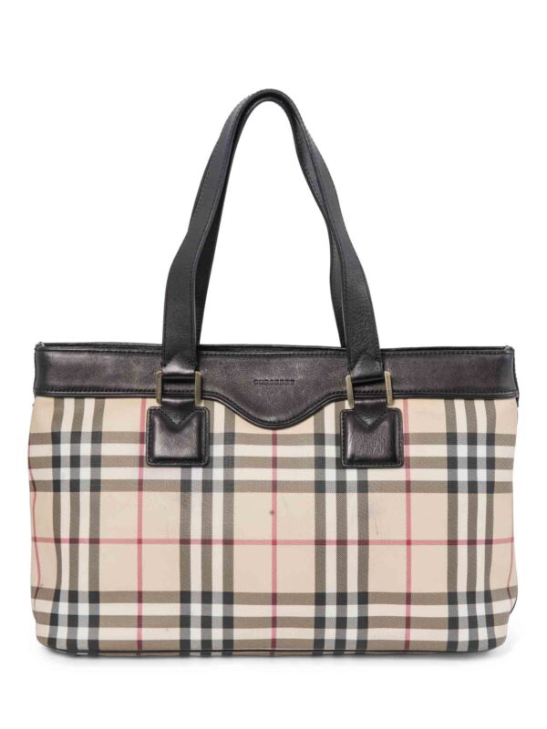 Burberry House Check Leather Top Handle Shopper Bag Beige Black