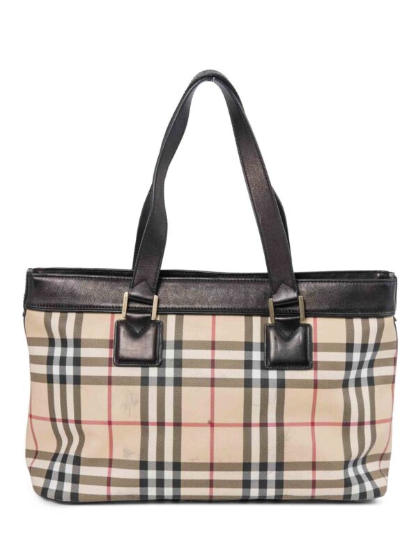 Burberry House Check Leather Top Handle Shopper Bag Beige Black