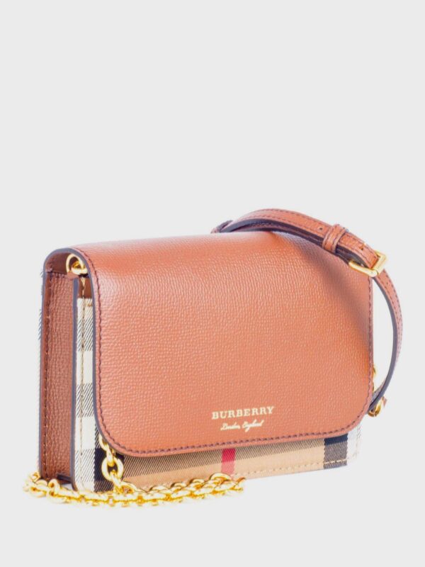 Burberry Leather Hampshire House Check Wallet on Chain Brown Gold