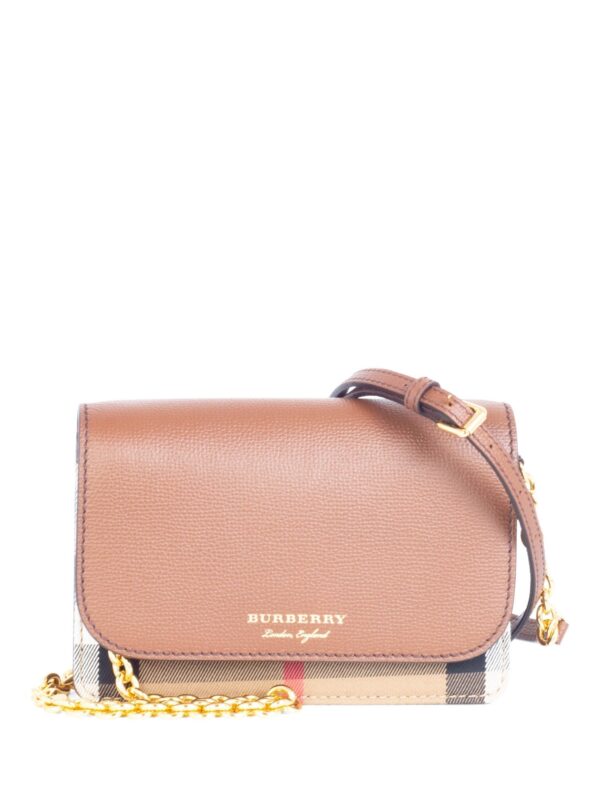 Burberry Leather Hampshire House Check Wallet on Chain Brown Gold