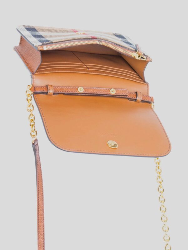 Burberry Leather Hampshire House Check Wallet on Chain Brown Gold