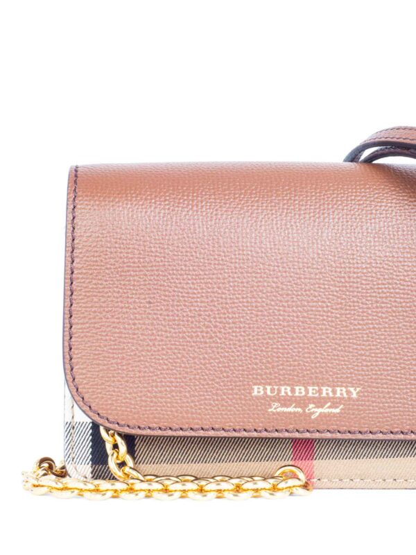 Burberry Leather Hampshire House Check Wallet on Chain Brown Gold