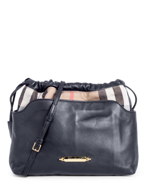 Burberry Leather House Check Bucket Messenger Bag Black