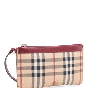 Burberry Logo Haymarket Check Wristlet Bag Beige Red