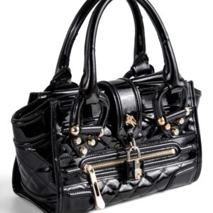 Burberry Logo Quilted Patent Leather Top Handle Bag Black