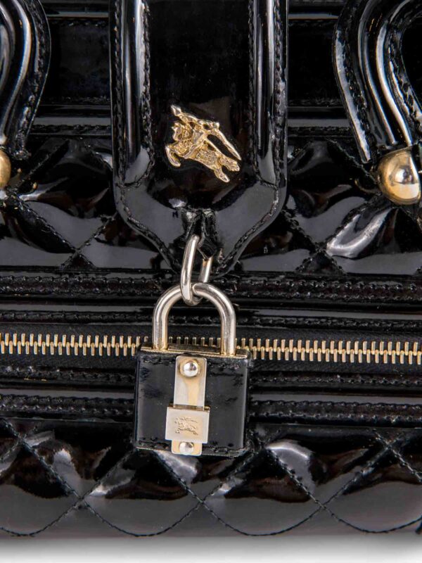 Burberry Logo Quilted Patent Leather Top Handle Bag Black