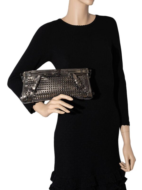 Burberry Metallic Leather Studded Wristlet Clutch Pewter Grey