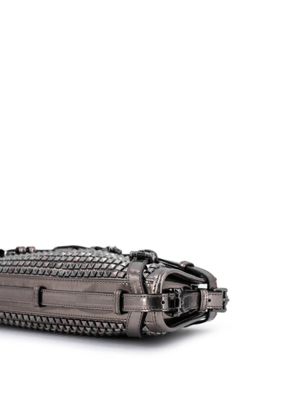 Burberry Metallic Leather Studded Wristlet Clutch Pewter Grey
