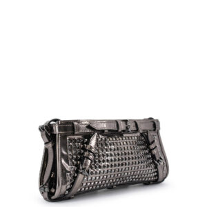 Burberry Metallic Leather Studded Wristlet Clutch Pewter Grey