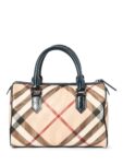 Burberry Nova Check Canvas Leather Boston Bag Beige Navy Blue 25