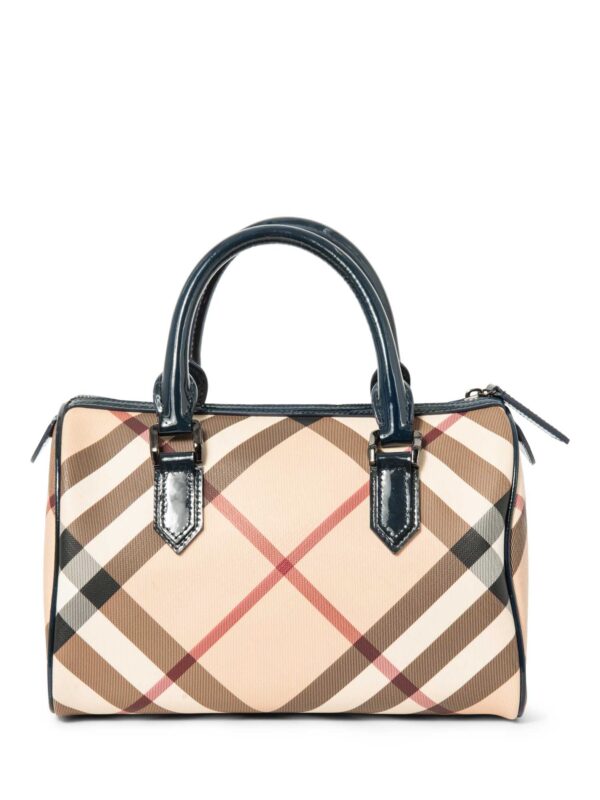 Burberry Nova Check Canvas Leather Boston Bag Beige Navy Blue 25