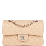 Chanel Small Classic Double Flap Beige Lambskin Silver Hardware New Bag
