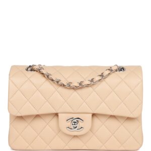 Chanel Small Classic Double Flap Beige Lambskin Silver Hardware New Bag
