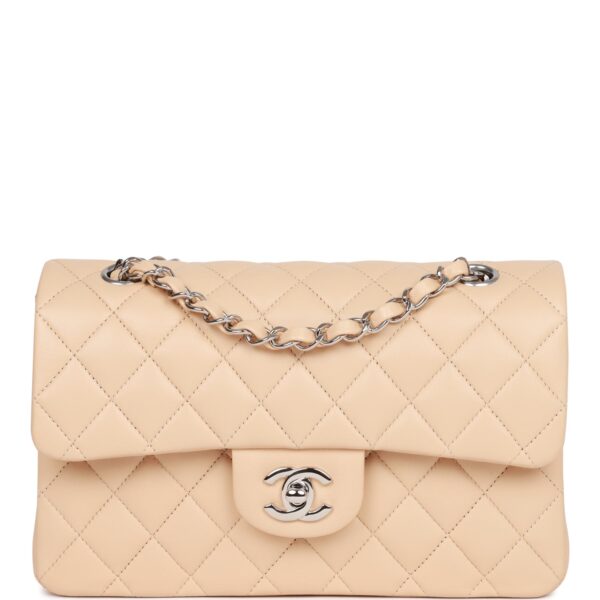 Chanel Small Classic Double Flap Beige Lambskin Silver Hardware New Bag