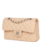 Chanel Small Classic Double Flap Beige Lambskin Silver Hardware New Bag