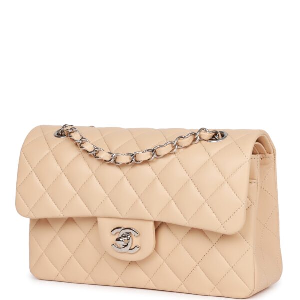 Chanel Small Classic Double Flap Beige Lambskin Silver Hardware New Bag