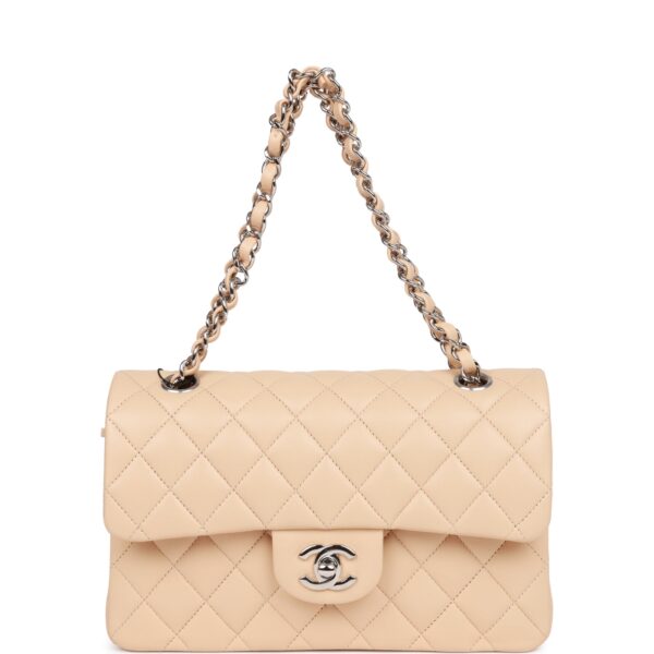 Chanel Small Classic Double Flap Beige Lambskin Silver Hardware New Bag