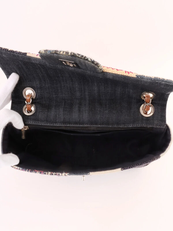 CHANEL Around 2012 Made Denim Patchworks Turn-Lock Chain Bag Indigo/Multi