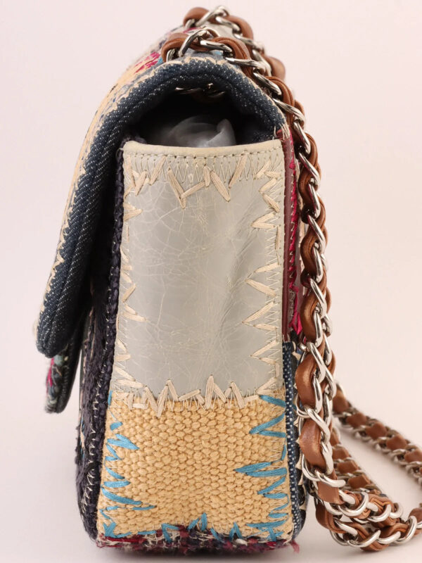 CHANEL Around 2012 Made Denim Patchworks Turn-Lock Chain Bag Indigo/Multi