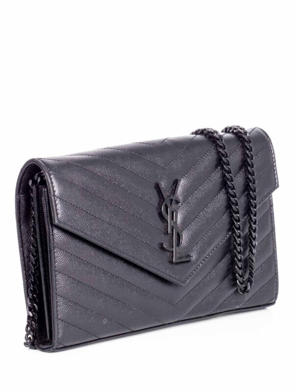 Saint Laurent Chevron Leather Monogram Wallet Chain Bag Black