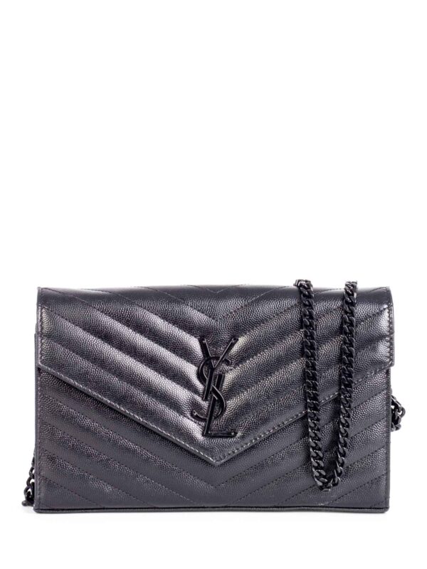 Saint Laurent Chevron Leather Monogram Wallet Chain Bag Black
