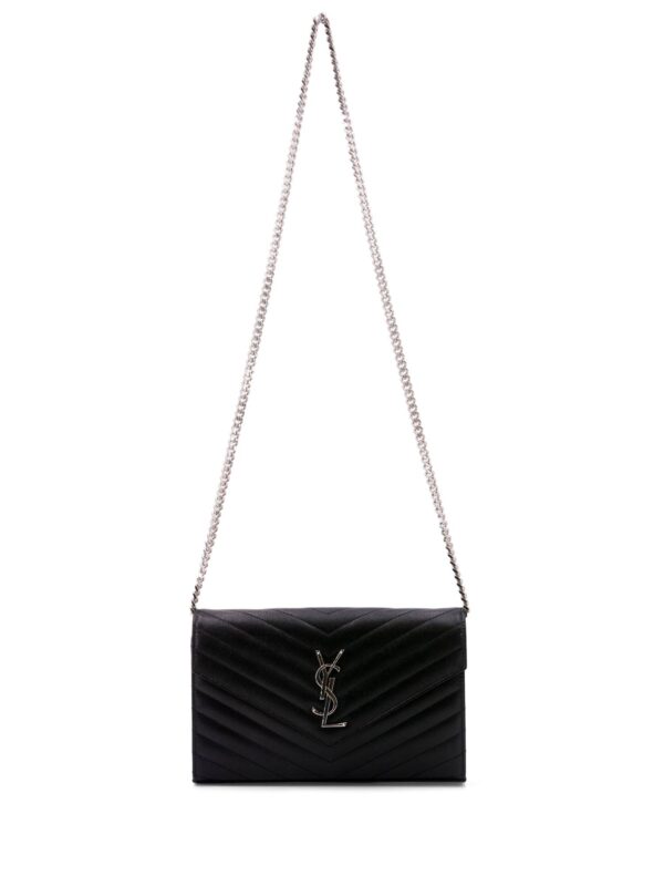Saint Laurent Chevron Leather Monogram Wallet Chain Bag Black