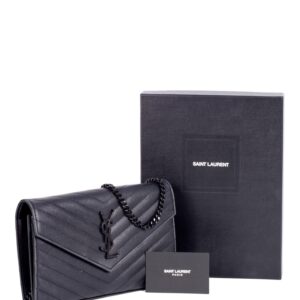 Saint Laurent Chevron Leather Monogram Wallet Chain Bag Black