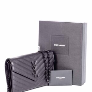 Saint Laurent Chevron Leather Monogram Wallet Chain Bag Black