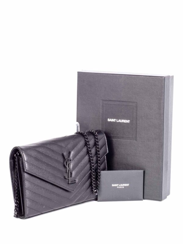 Saint Laurent Chevron Leather Monogram Wallet Chain Bag Black