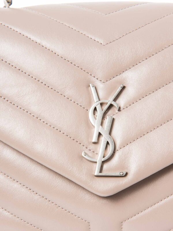 Yves Saint Laurent Logo Quilted Chevron Leather Medium Loulou Bag Taupe Silver