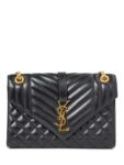 Yves Saint Laurent Logo Quilted Leather 24K Gold Plated Messenger Bag Black