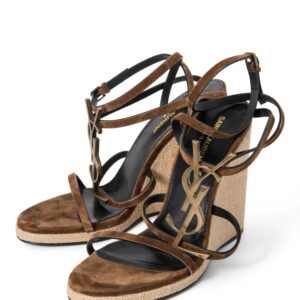 Yves Saint Laurent Logo Suede Cassandra Wedge Sandals Brown