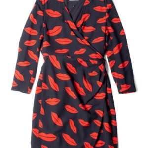 Yves Saint Laurent Silk Lips Print Wrap Dress Black Red