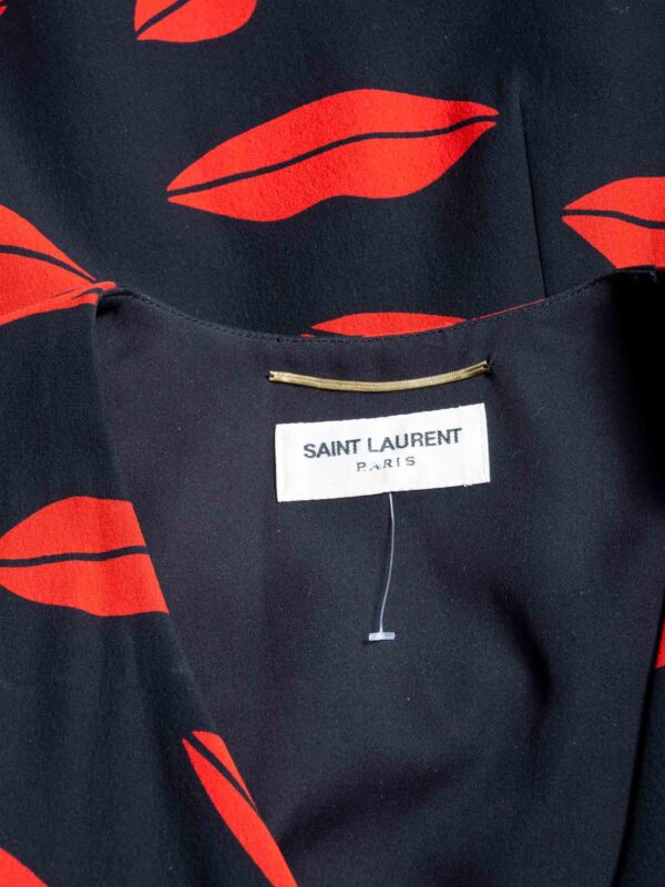 Yves Saint Laurent Silk Lips Print Wrap Dress Black Red