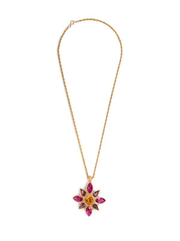 Yves Saint Laurent Vintage Gripoix 24K Cabochon Glass Necklace Yellow Hot Pink