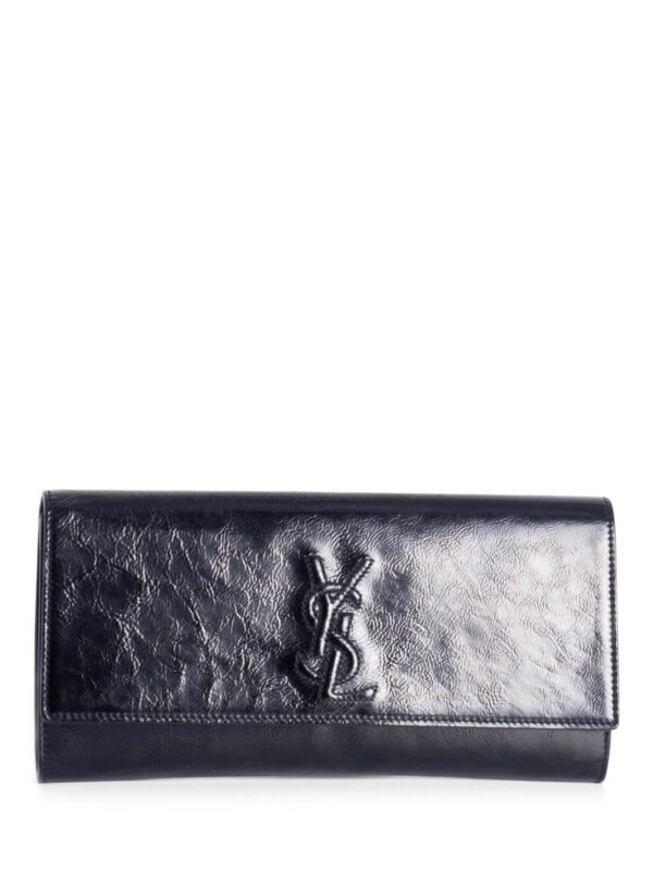 Yves Saint Laurent YSL Logo Patent Leather Flap Clutch Black
